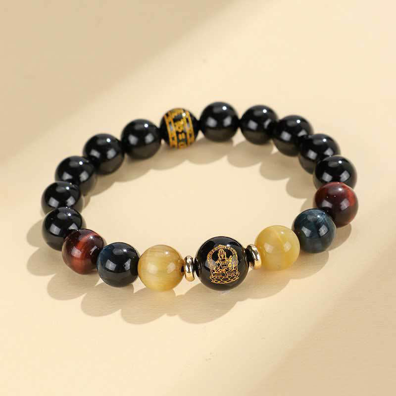 Buddha Stones Onice nero Occhio di tigre Om Mani Padme Hum Zodiaco cinese Braccialetto di supporto del Buddha di Natale