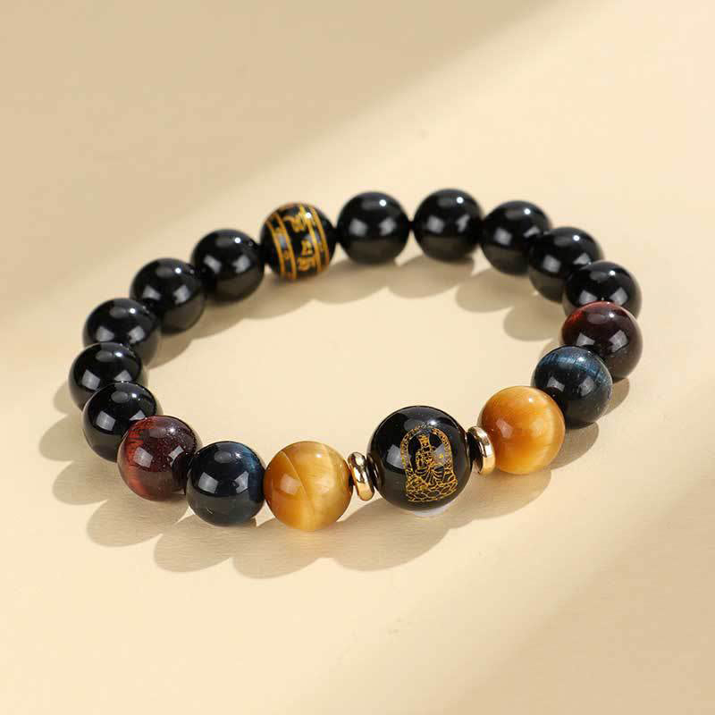 Buddha Stones Onice nero Occhio di tigre Om Mani Padme Hum Zodiaco cinese Braccialetto di supporto del Buddha di Natale