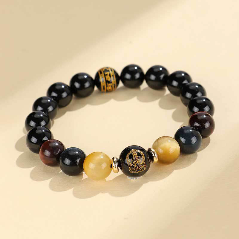 Buddha Stones Onice nero Occhio di tigre Om Mani Padme Hum Zodiaco cinese Braccialetto di supporto del Buddha di Natale
