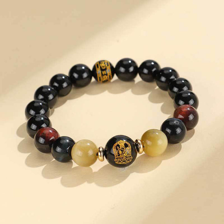 Buddha Stones Onice nero Occhio di tigre Om Mani Padme Hum Zodiaco cinese Braccialetto di supporto del Buddha di Natale