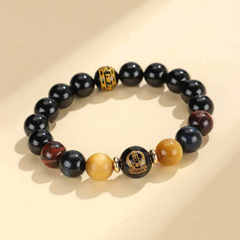 Buddha Stones Onice nero Occhio di tigre Om Mani Padme Hum Zodiaco cinese Braccialetto di supporto del Buddha di Natale