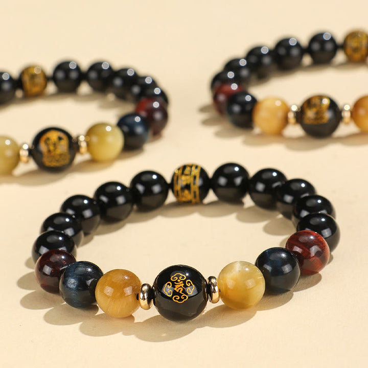 Buddha Stones Onice nero Occhio di tigre Om Mani Padme Hum Zodiaco cinese Braccialetto di supporto del Buddha di Natale