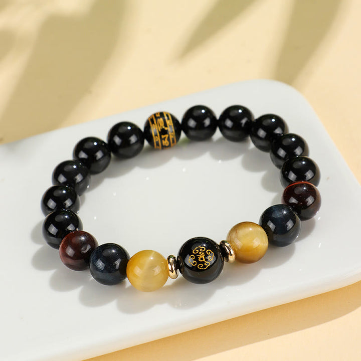 Buddha Stones Onice nero Occhio di tigre Om Mani Padme Hum Zodiaco cinese Braccialetto di supporto del Buddha di Natale