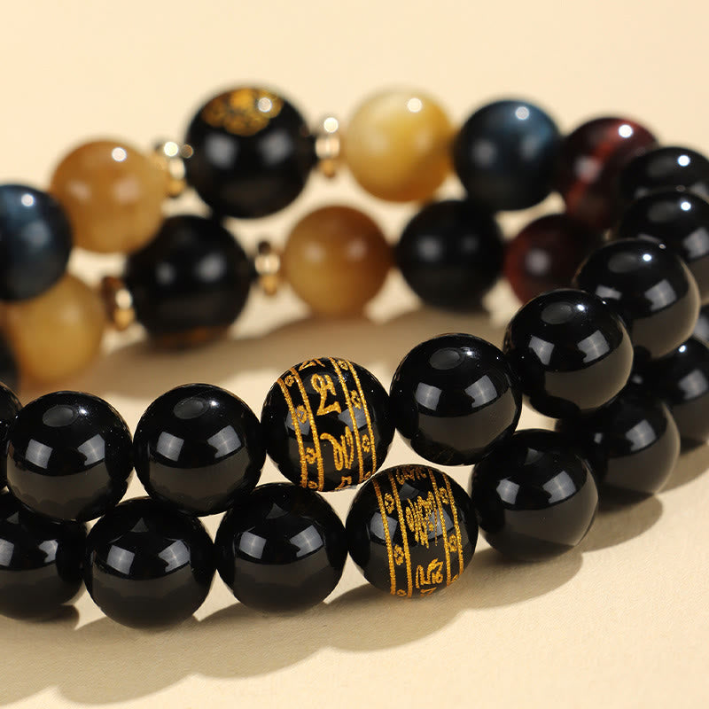 Buddha Stones Onice nero Occhio di tigre Om Mani Padme Hum Zodiaco cinese Braccialetto di supporto del Buddha di Natale