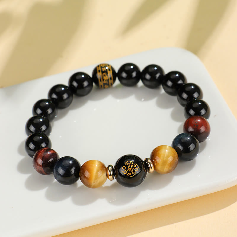 Buddha Stones Onice nero Occhio di tigre Om Mani Padme Hum Zodiaco cinese Braccialetto di supporto del Buddha di Natale