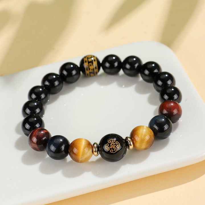 Buddha Stones Onice nero Occhio di tigre Om Mani Padme Hum Zodiaco cinese Braccialetto di supporto del Buddha di Natale