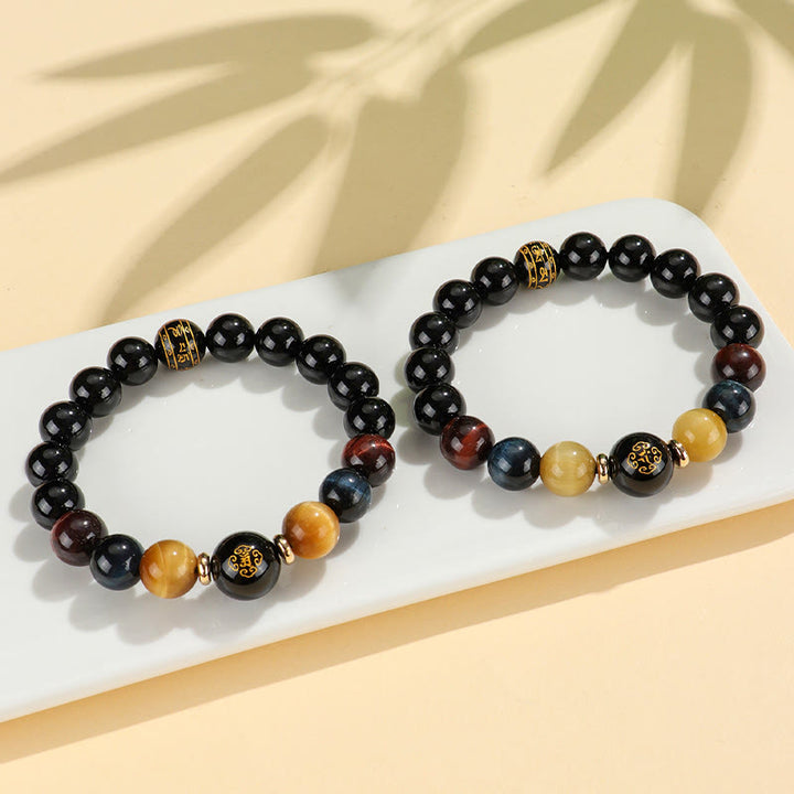 Buddha Stones Onice nero Occhio di tigre Om Mani Padme Hum Zodiaco cinese Braccialetto di supporto del Buddha di Natale