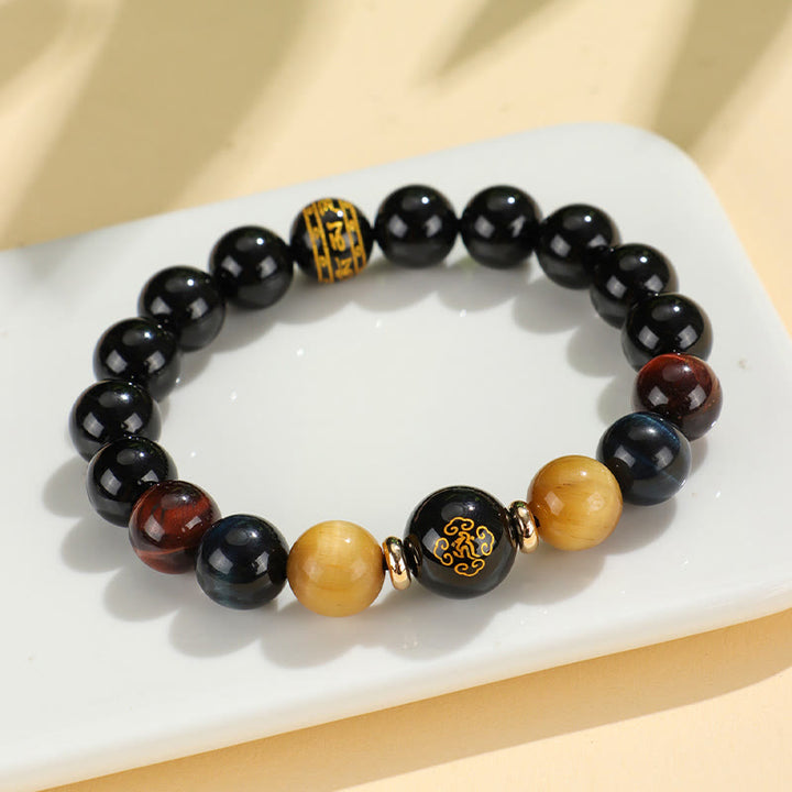 Buddha Stones Onice nero Occhio di tigre Om Mani Padme Hum Zodiaco cinese Braccialetto di supporto del Buddha di Natale
