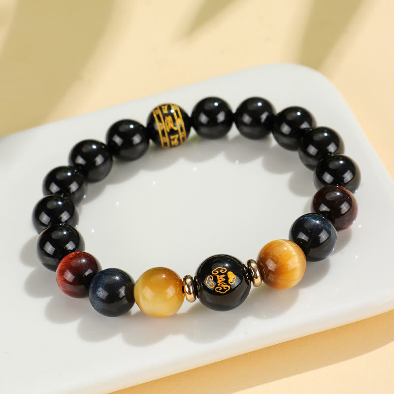 Buddha Stones Onice nero Occhio di tigre Om Mani Padme Hum Zodiaco cinese Braccialetto di supporto del Buddha di Natale
