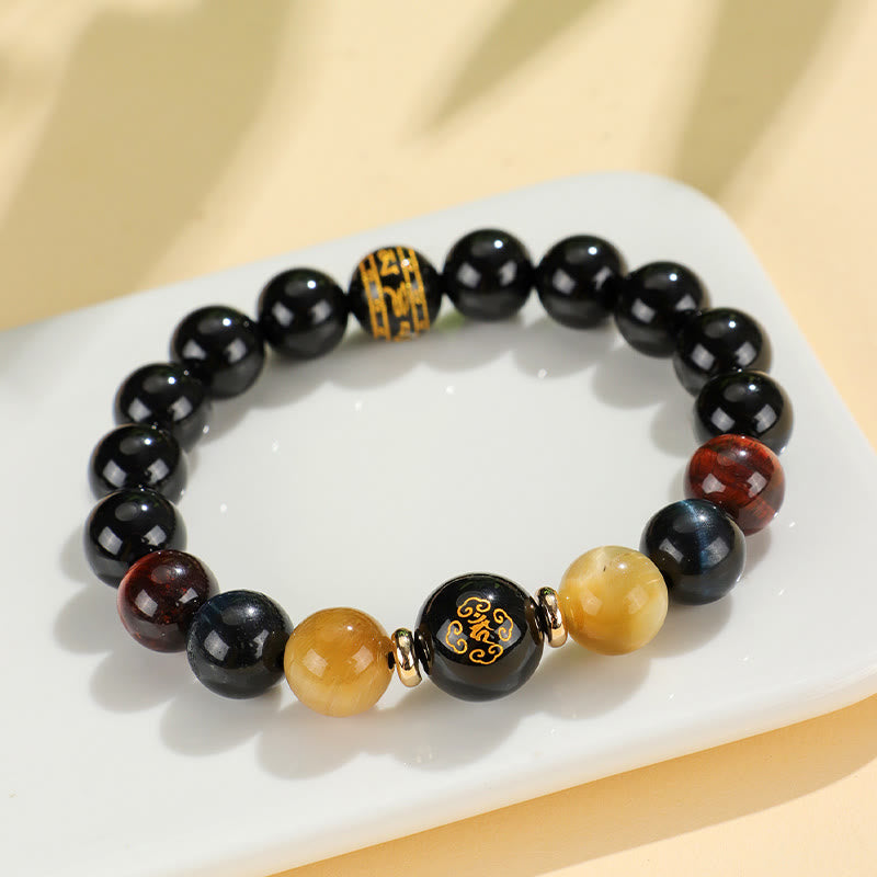 Buddha Stones Onice nero Occhio di tigre Om Mani Padme Hum Zodiaco cinese Braccialetto di supporto del Buddha di Natale