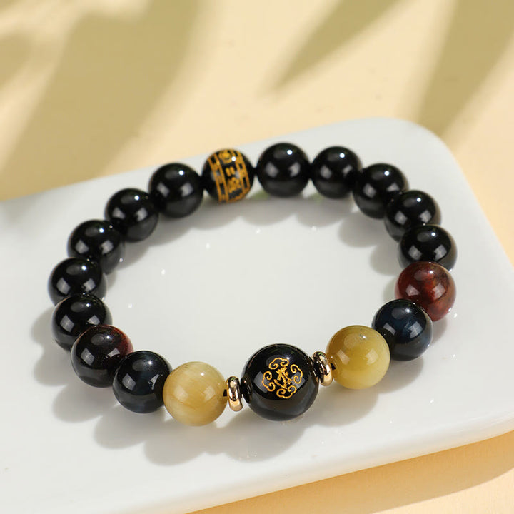 Buddha Stones Onice nero Occhio di tigre Om Mani Padme Hum Zodiaco cinese Braccialetto di supporto del Buddha di Natale