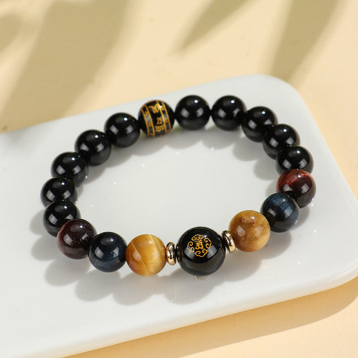 Buddha Stones Onice nero Occhio di tigre Om Mani Padme Hum Zodiaco cinese Braccialetto di supporto del Buddha di Natale