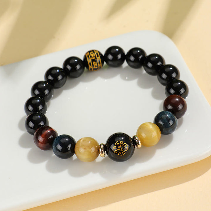 Buddha Stones Onice nero Occhio di tigre Om Mani Padme Hum Zodiaco cinese Braccialetto di supporto del Buddha di Natale