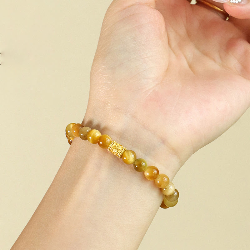 Bracciale di protezione con Buddha Stones Occhio di tigre Fu Carattere Bambù Koi Pesce Loto Om Mani Padme Hum