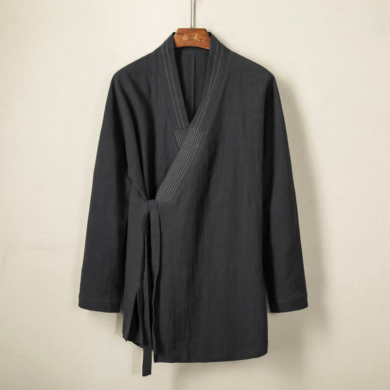 Buddha Stones Semplice Autunno Lacci Cotone Lino Uomo Giacca Cappotto Zen Abbigliamento - Nero - US/UK/AU44, EU54 (4XL) - image 0