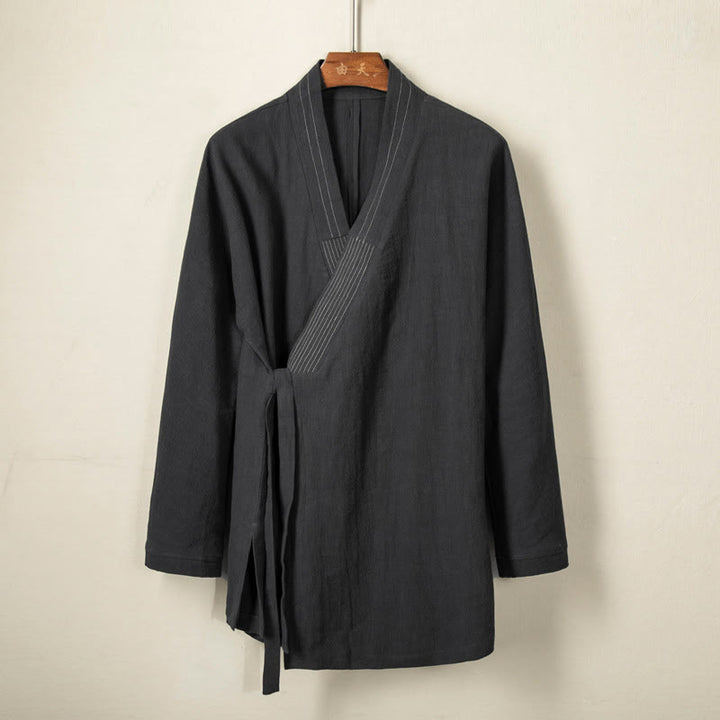 Buddha Stones Semplice Autunno Lacci Cotone Lino Uomo Giacca Cappotto Zen Abbigliamento - Nero - US/UK/AU44, EU54 (4XL) - image 0