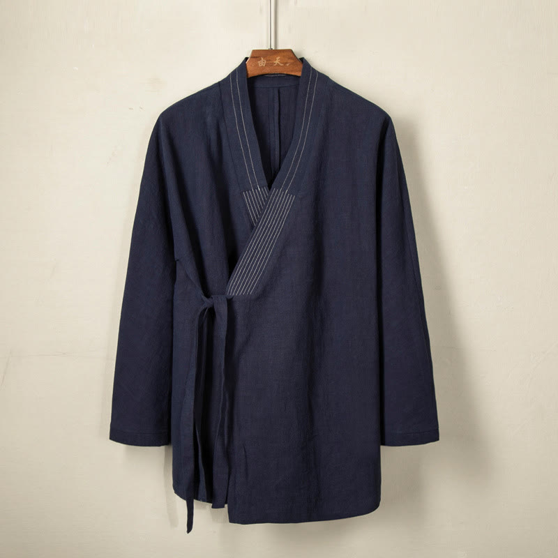 Buddha Stones Semplice Autunno Lacci Cotone Lino Uomo Giacca Cappotto Zen Abbigliamento - SteelBlue - US/UK/AU44, EU54 (4XL) - image 2