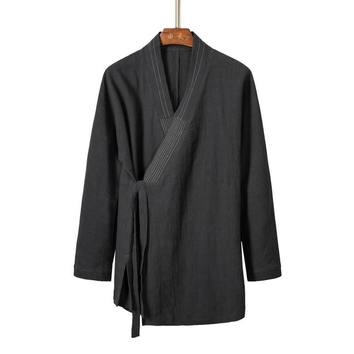 Buddha Stones Semplice Autunno Lacci Cotone Lino Uomo Giacca Cappotto Zen Abbigliamento - Grigio ardesia chiaro - US/UK/AU44, EU54 (4XL) - image 4