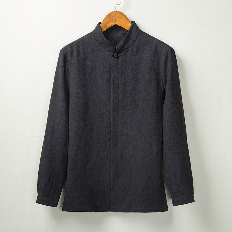 Camicia a maniche lunghe con bottoni in cotone e lino, tinta unita , Buddha Stones Fall - Nero - US/UK/AU44, EU54 (4XL) - image 4