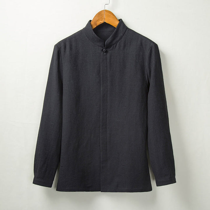 Camicia a maniche lunghe con bottoni in cotone e lino, tinta unita , Buddha Stones Fall - Nero - US/UK/AU44, EU54 (4XL) - image 4