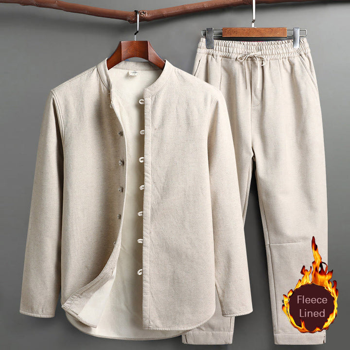 Buddha Stones Solid Tang Suit Tradizionale Uniforme Foderata in Pile Manica Lunga Top Pantaloni Set Uomo