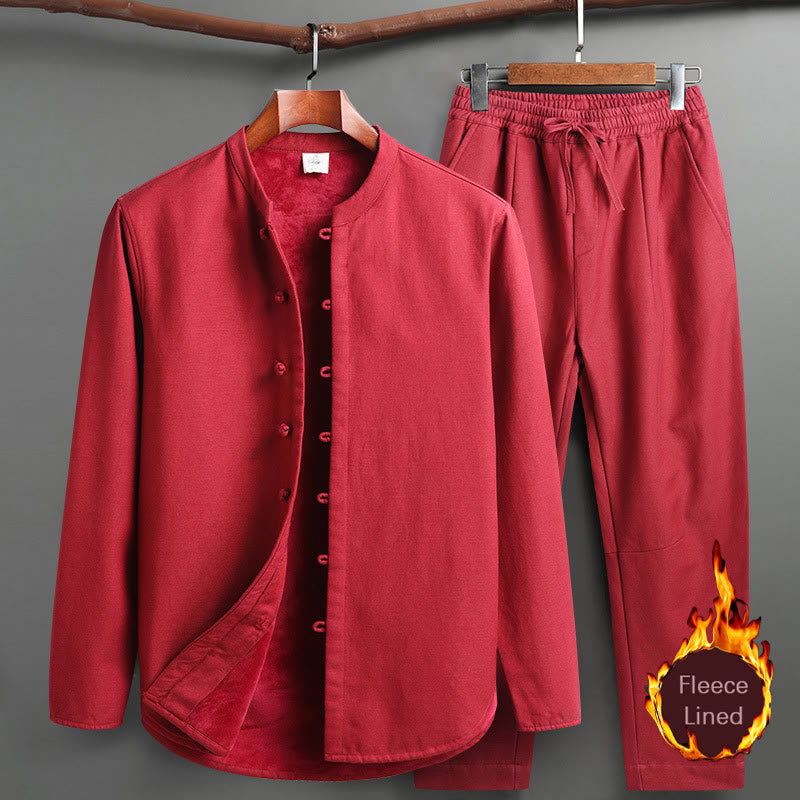 Buddha Stones Solid Tang Suit Tradizionale Uniforme Foderata in Pile Manica Lunga Top Pantaloni Set Uomo