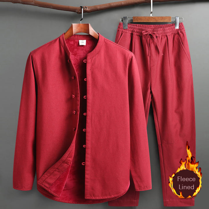 Buddha Stones Solid Tang Suit Tradizionale Uniforme Foderata in Pile Manica Lunga Top Pantaloni Set Uomo