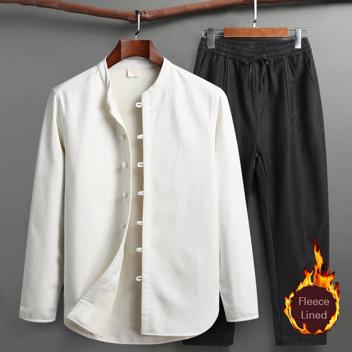 Buddha Stones Solid Tang Suit Tradizionale Uniforme Foderata in Pile Manica Lunga Top Pantaloni Set Uomo
