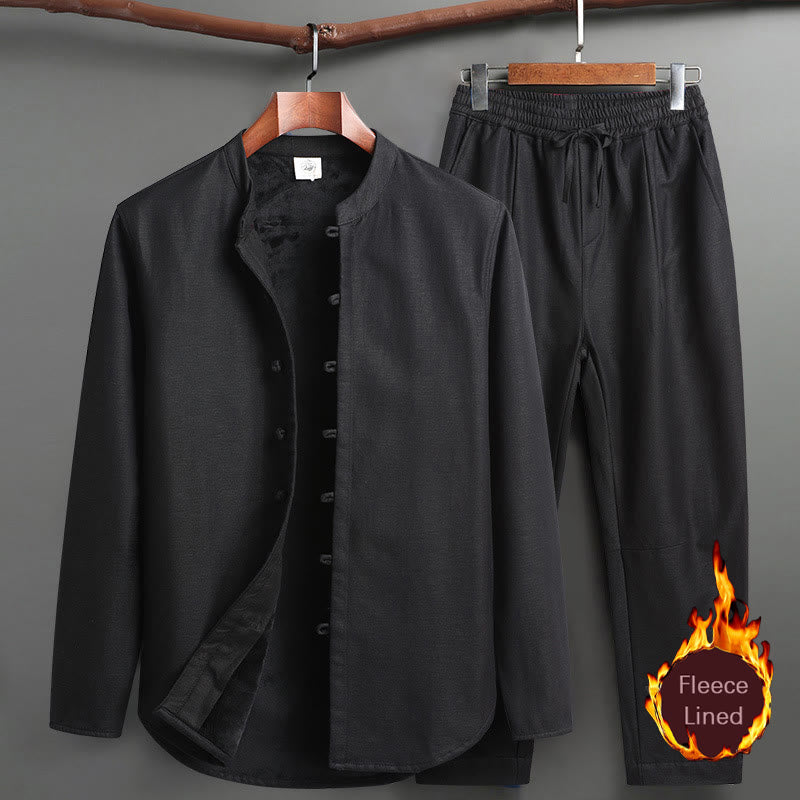 Buddha Stones Solid Tang Suit Tradizionale Uniforme Foderata in Pile Manica Lunga Top Pantaloni Set Uomo - Nero - Top e pantaloni - US/UK/AU46, EU56 (5XL) - image 15