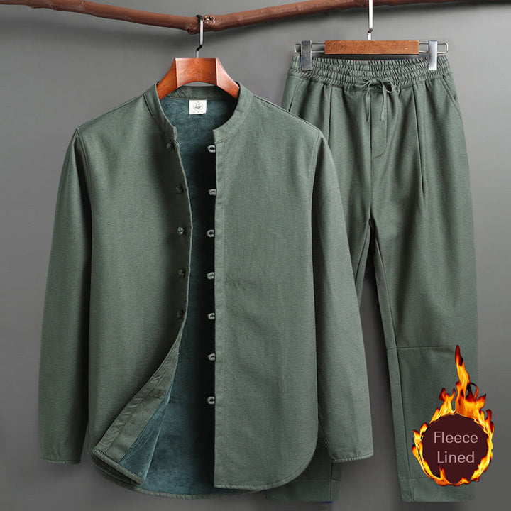 Buddha Stones Solid Tang Suit Tradizionale Uniforme Foderata in Pile Manica Lunga Top Pantaloni Set Uomo