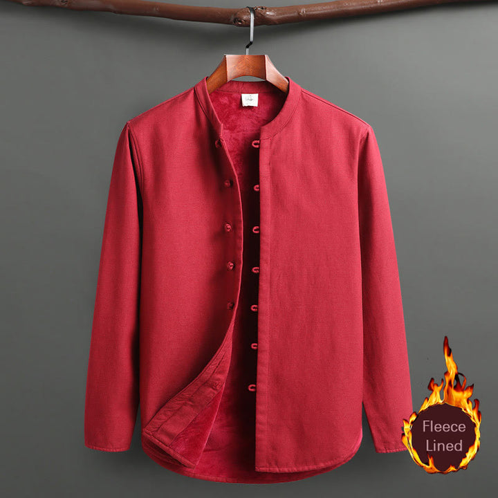 Buddha Stones Solid Tang Suit Tradizionale Uniforme Foderata in Pile Manica Lunga Top Pantaloni Set Uomo