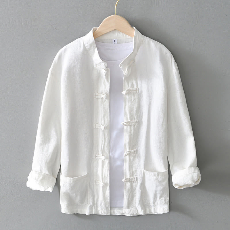 Abito cinese Tang con bottoni a forma di rana e motivo Buddha Stones, camicia da uomo in cotone e lino con tasche. - Bianco - US/UK/AU50, EU60 (5XL) - image 7