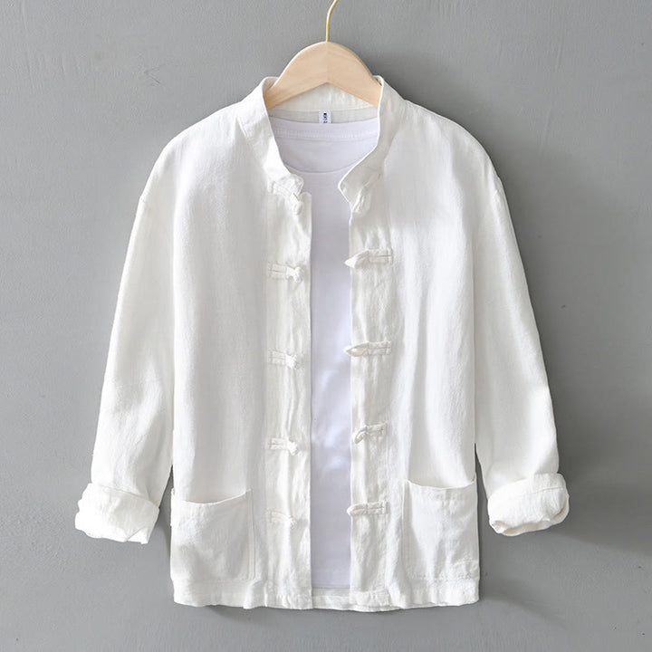 Abito cinese Tang con bottoni a forma di rana e motivo Buddha Stones, camicia da uomo in cotone e lino con tasche. - Bianco - US/UK/AU50, EU60 (5XL) - image 7