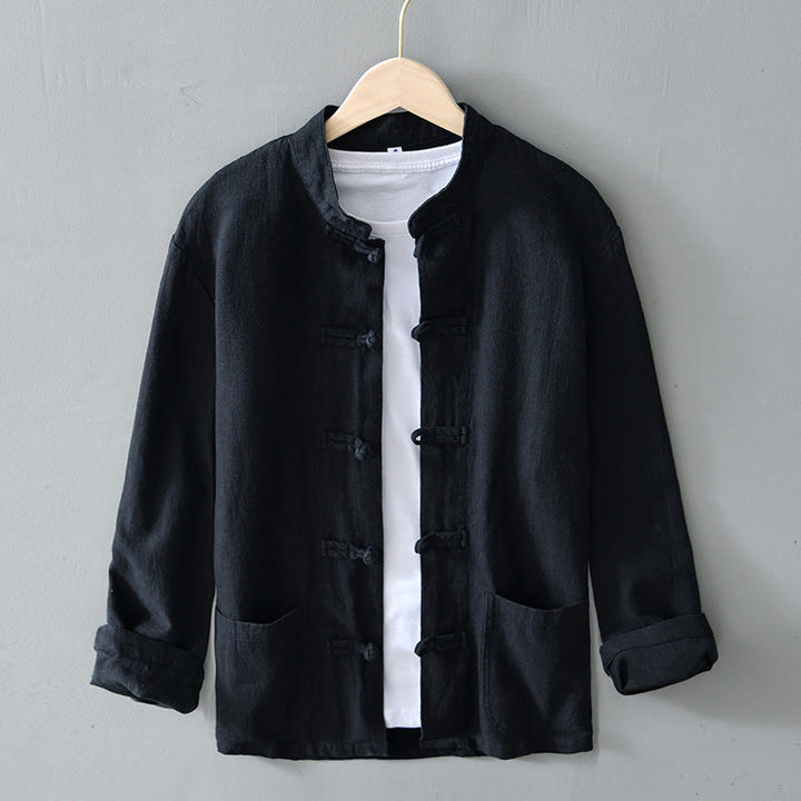Abito cinese Tang con bottoni a forma di rana e motivo Buddha Stones, camicia da uomo in cotone e lino con tasche. - Nero - US/UK/AU50, EU60 (5XL) - image 14