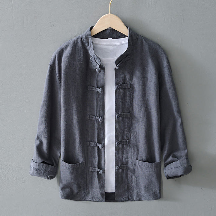 Abito cinese Tang con bottoni a forma di rana e motivo Buddha Stones, camicia da uomo in cotone e lino con tasche. - Grigio - US/UK/AU50, EU60 (5XL) - image 0