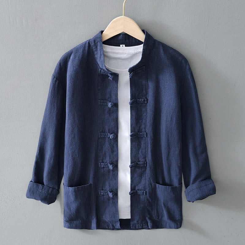 Giacca da uomo in lino e cotone con tasche, stile cinese Tang, con bottoni a rana Buddha Stones - SteelBlue - US/UK/AU50, EU60 (5XL) - image 30