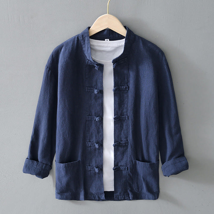 Abito cinese Tang con bottoni a forma di rana e motivo Buddha Stones, camicia da uomo in cotone e lino con tasche. - SteelBlue - US/UK/AU50, EU60 (5XL) - image 29