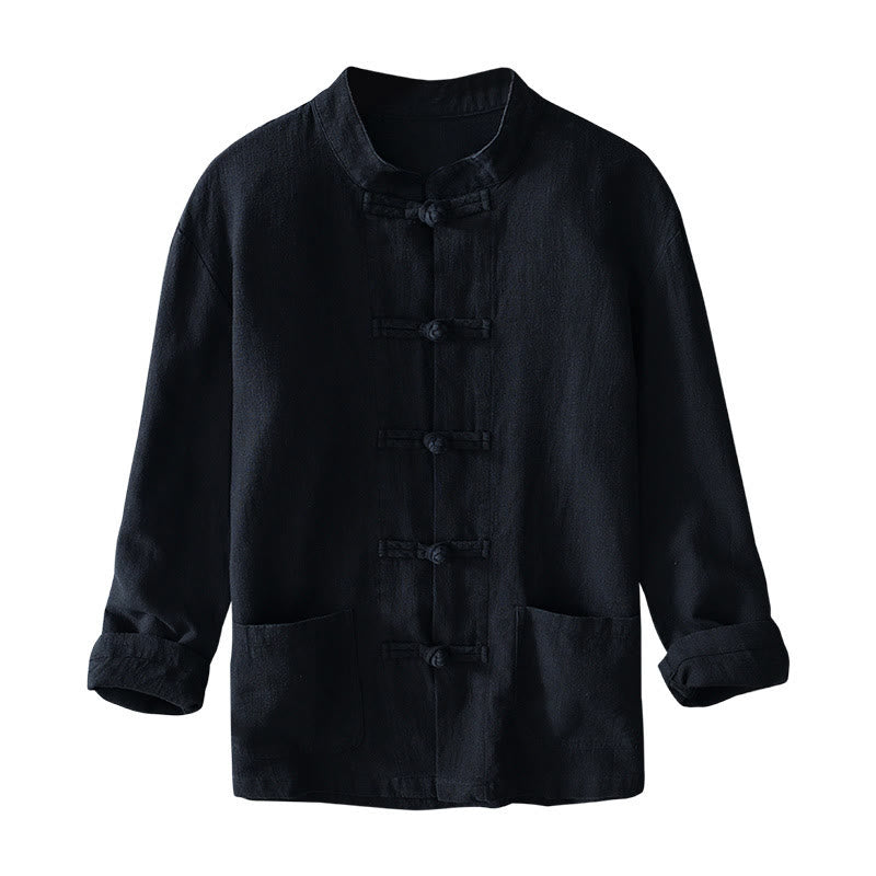 Abito cinese Tang con bottoni a forma di rana e motivo Buddha Stones, camicia da uomo in cotone e lino con tasche. - image 22