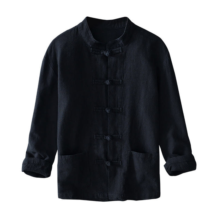 Abito cinese Tang con bottoni a forma di rana e motivo Buddha Stones, camicia da uomo in cotone e lino con tasche. - image 22