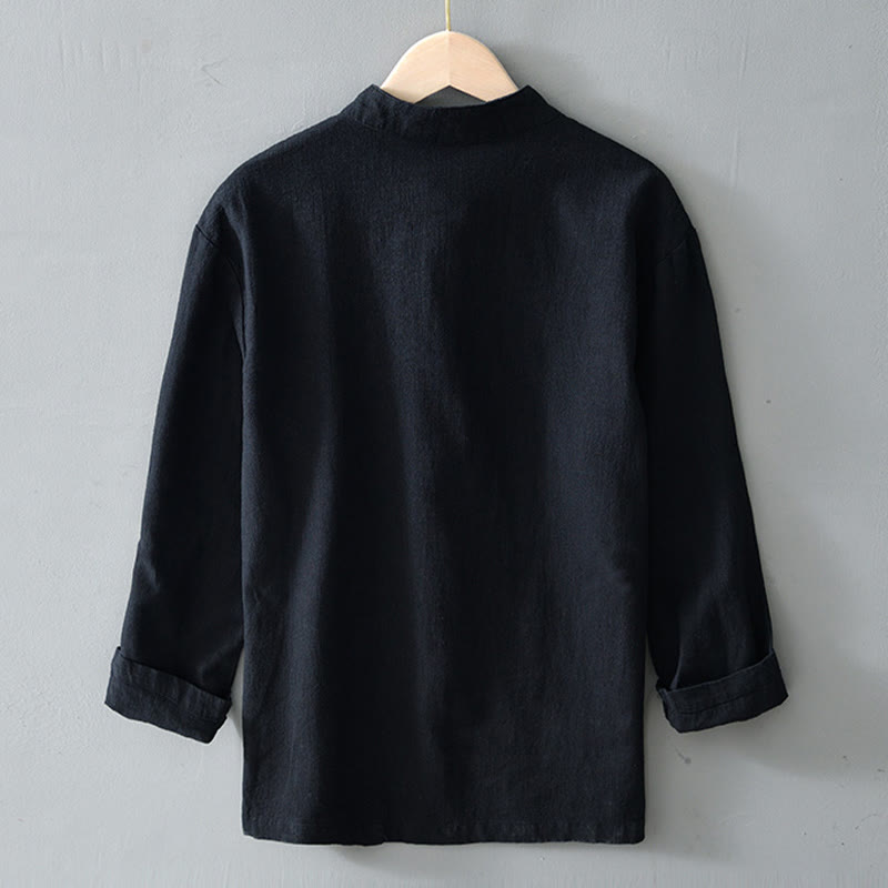 Abito cinese Tang con bottoni a forma di rana e motivo Buddha Stones, camicia da uomo in cotone e lino con tasche. - image 15