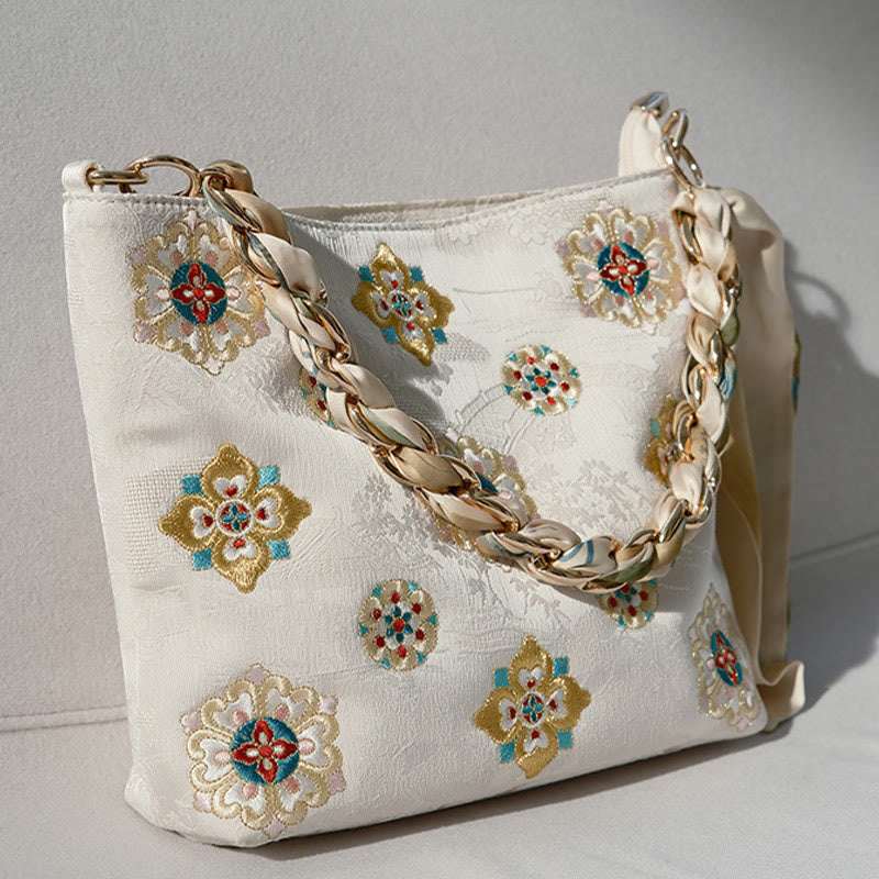 Borsa a tracolla per lo shopping in raso con ricamo Buddha Stones Su Journey