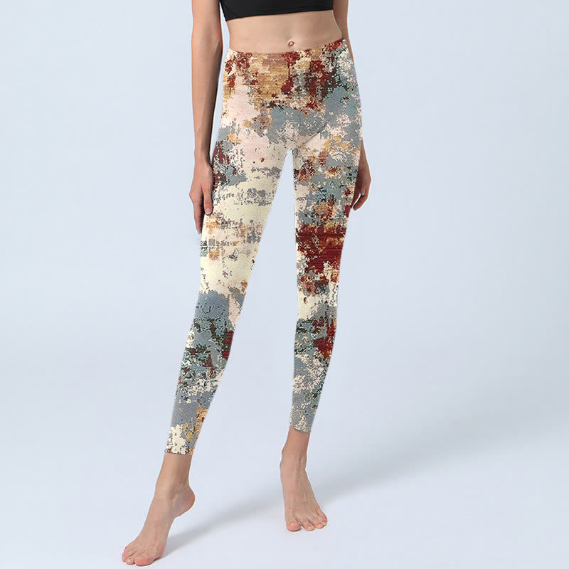Leggings da yoga da donna con stampa astratta, beige, rosso e grigio, modello Buddha Stones - image 5
