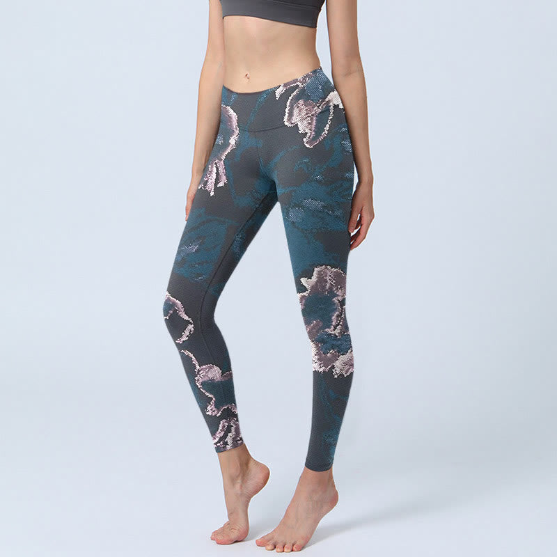 Leggings da yoga da donna con stampa di fiori in acciaio blu argento Buddha Stones - SteelBlue - US18, UK/AU22, EU50 (4XL) - image 1