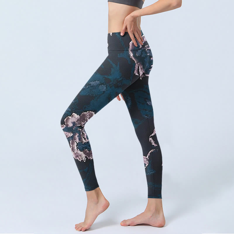 Leggings da yoga da donna con stampa di fiori in acciaio blu argento Buddha Stones - image 3