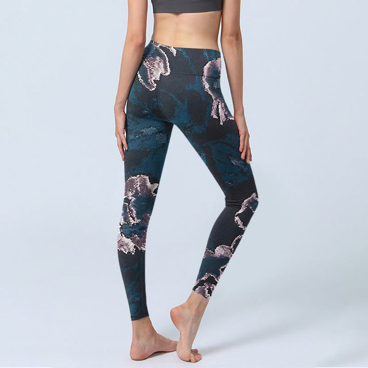 Leggings da yoga da donna con stampa di fiori in acciaio blu argento Buddha Stones - image 5
