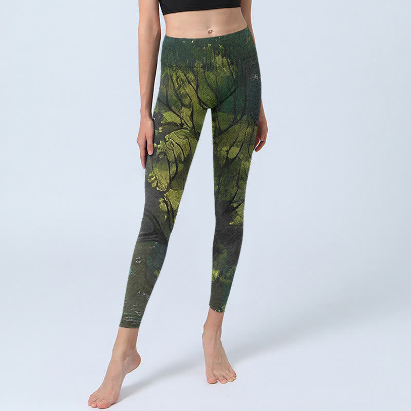Leggings da yoga da donna con stampa a linee nere e foglie verdi foresta Buddha Stones - image 5