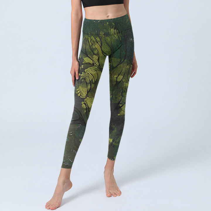 Leggings da yoga da donna con stampa a linee nere e foglie verdi foresta Buddha Stones - image 5