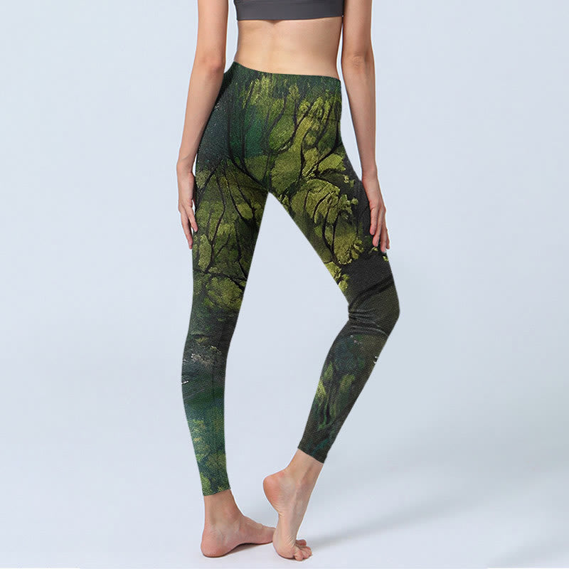 Leggings da yoga da donna con stampa a linee nere e foglie verdi foresta Buddha Stones - image 4