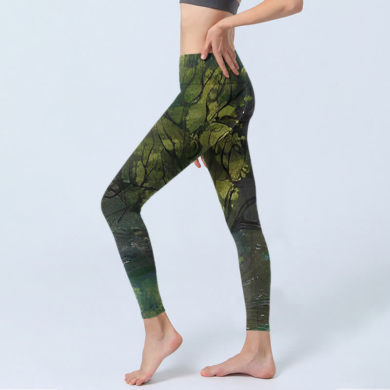 Leggings da yoga da donna con stampa a linee nere e foglie verdi foresta Buddha Stones - image 2