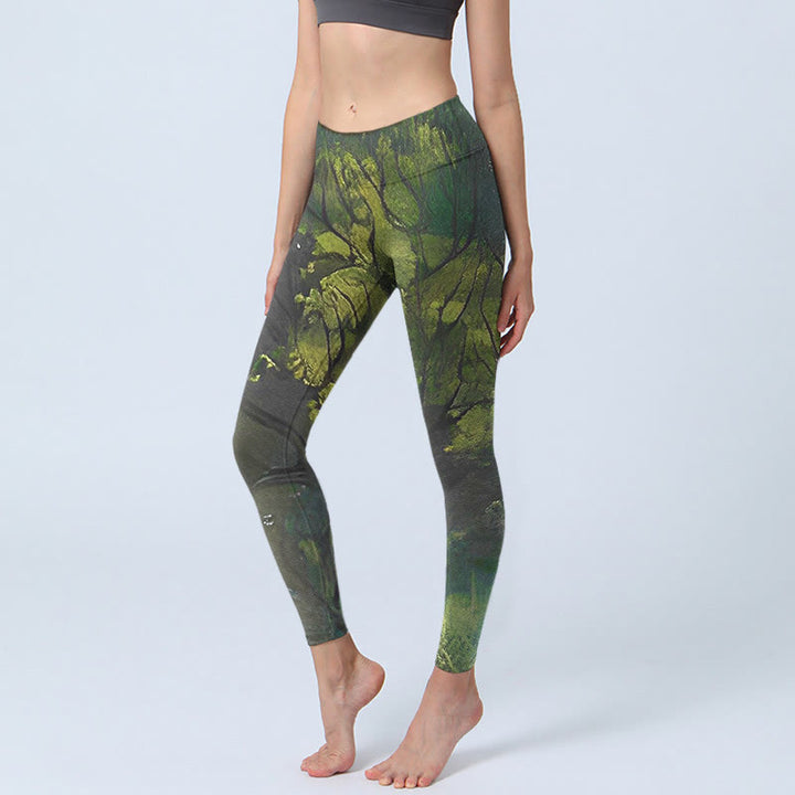 Leggings da yoga da donna con stampa a linee nere e foglie verdi foresta Buddha Stones - Verde studentesco - US18, UK/AU22, EU50 (4XL) - image 0